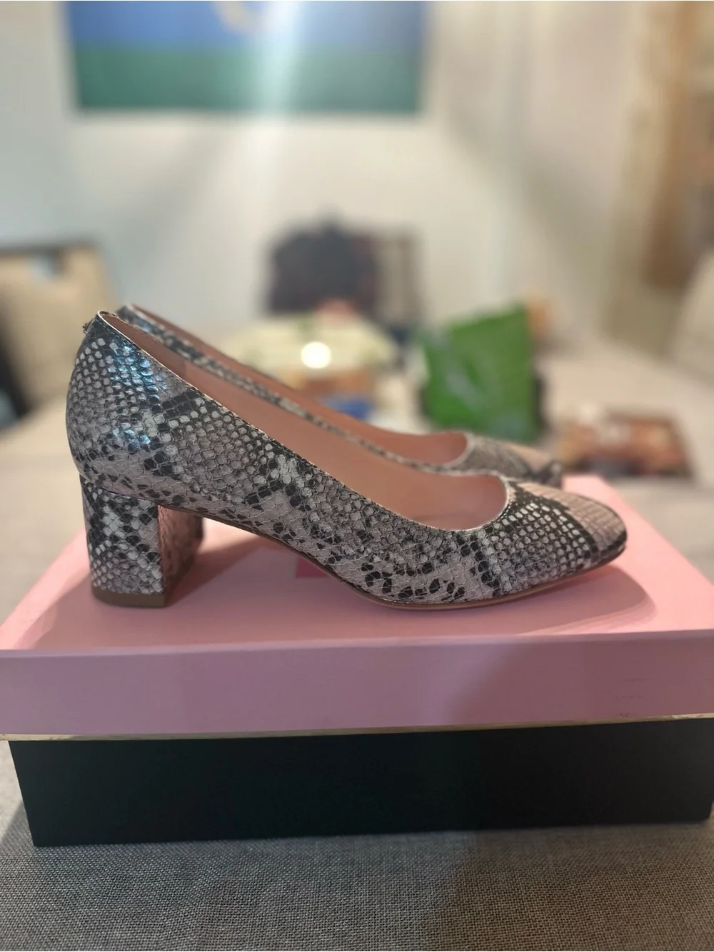 Snake-Skin Block Heel Pumps in Black and Gray